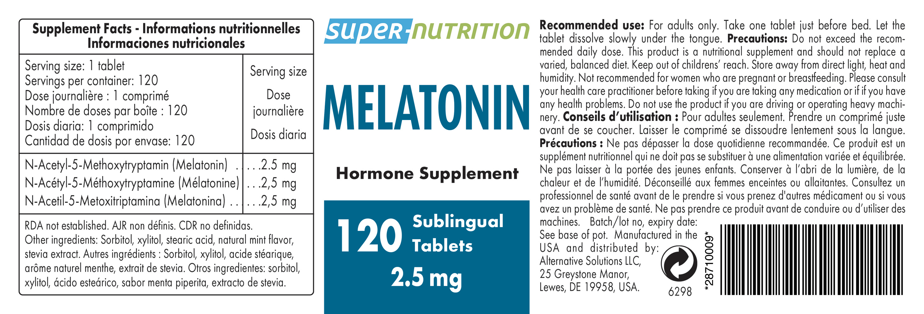 Complément alimentaire de mélatonine sublingual à 5 mg/jour